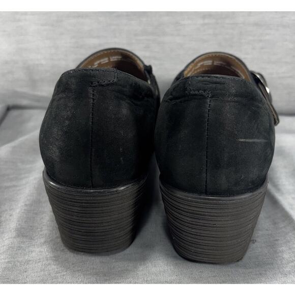 Dansko Womans Shoes Size 39 Black Suede 2-Inch Wedge Heel Buckle Clog - Picture 2 of 8